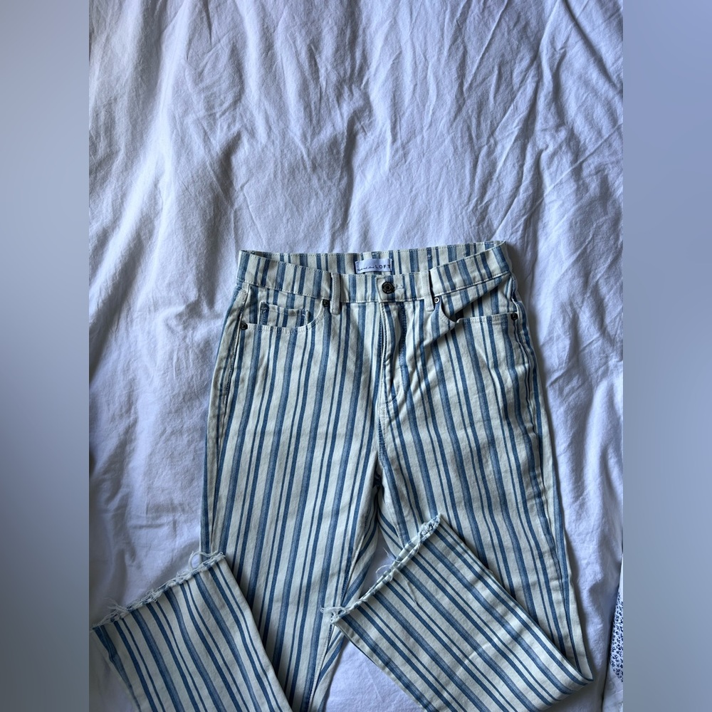 Loft striped raw hem jeans, high rise bootcut straight jeans